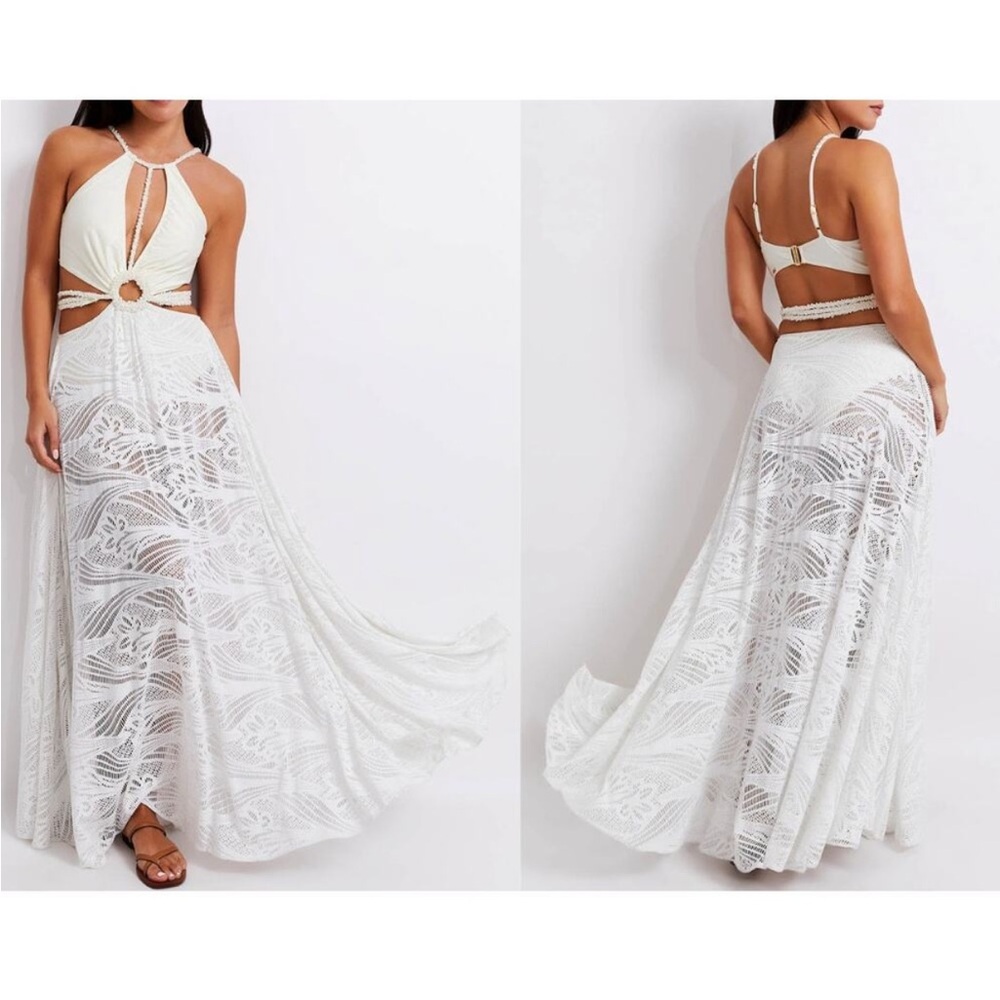 PatBO Pearl Beaded Beach Dress Halter Neck Cut-Out Lace Detail White Size Large